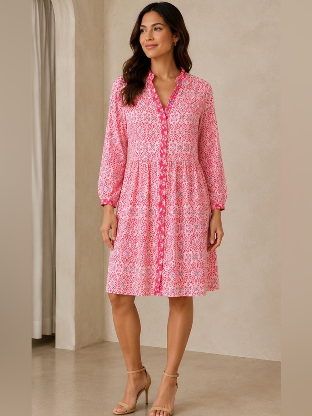 ZARA Pink Floral Block Print Button Front Midi Dress XS Cottagecore Long Sleeve